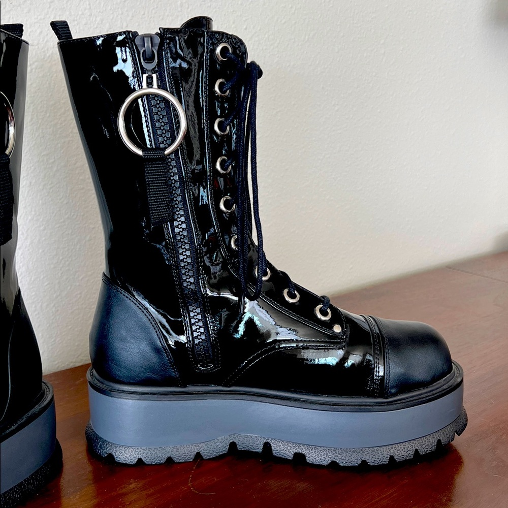 Demonia Slacker-220-1 Black Vegan Patent Platform Boots (New - NO box) - Picture 3 of 10